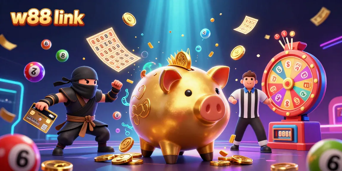 Engage with the thrilling w88 link promotional scene featuring dynamic gambling characters and colorful game elements.