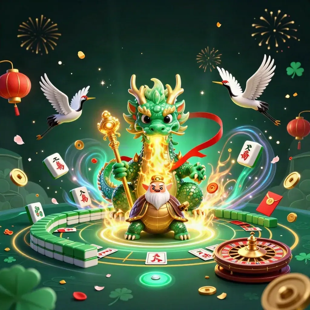 Dragon, turtle sage, and cranes amid casino luck symbols, neon glow, and fireworks