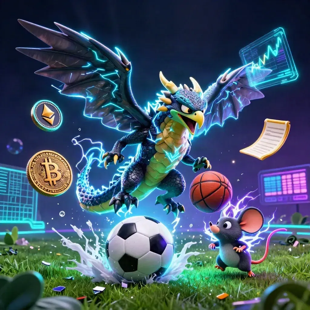 Electric dragon, hawk, and mouse surge through neon casino sports gear and coins.