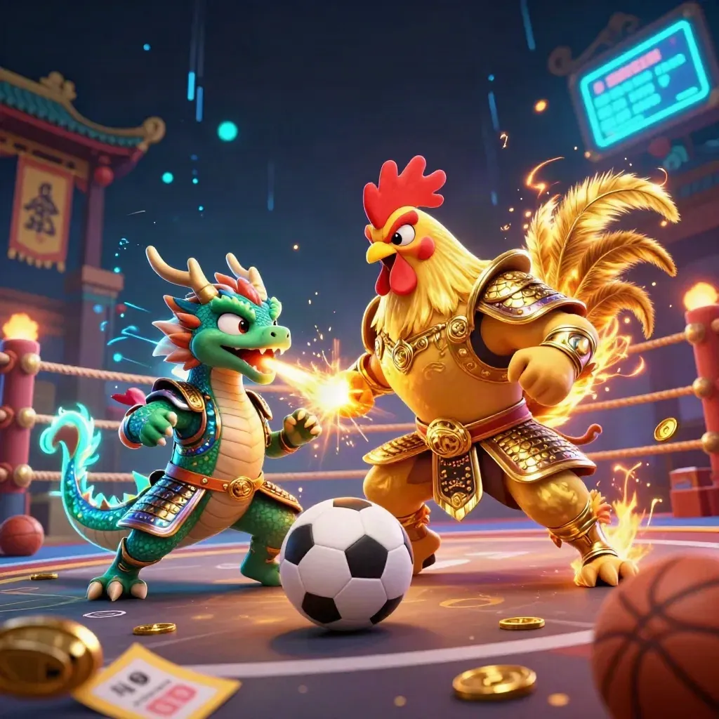 Rooster warrior, dragon hatchling and fortune-cat amid neon sports-casino sparks, balls and coins