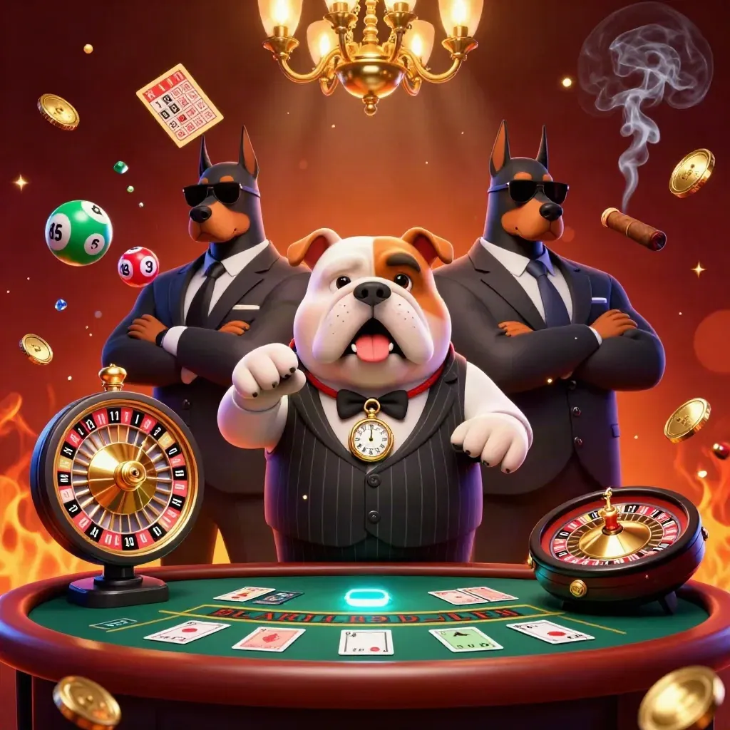 Bulldog boss with Dobermans, spinning wheel, lottery balls, brass casino glow