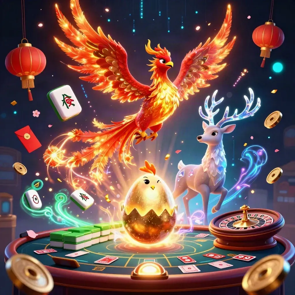 Phoenix, hatching egg, and crystalline stag amid casino magic, neon light, and luxury glow.