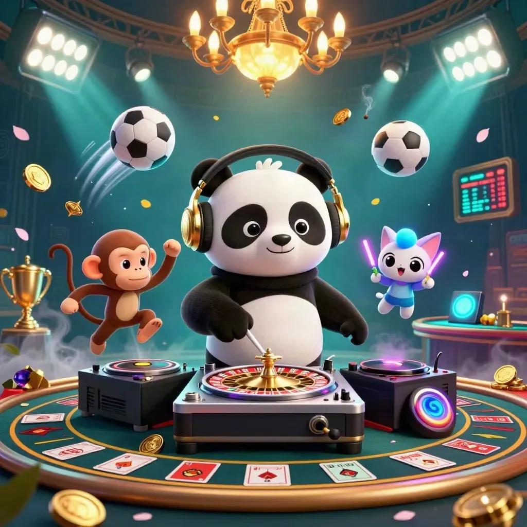 Panda DJ, monkey, and glow-stick kitten amid casino neon, sports balls, trophy, and teal mist.