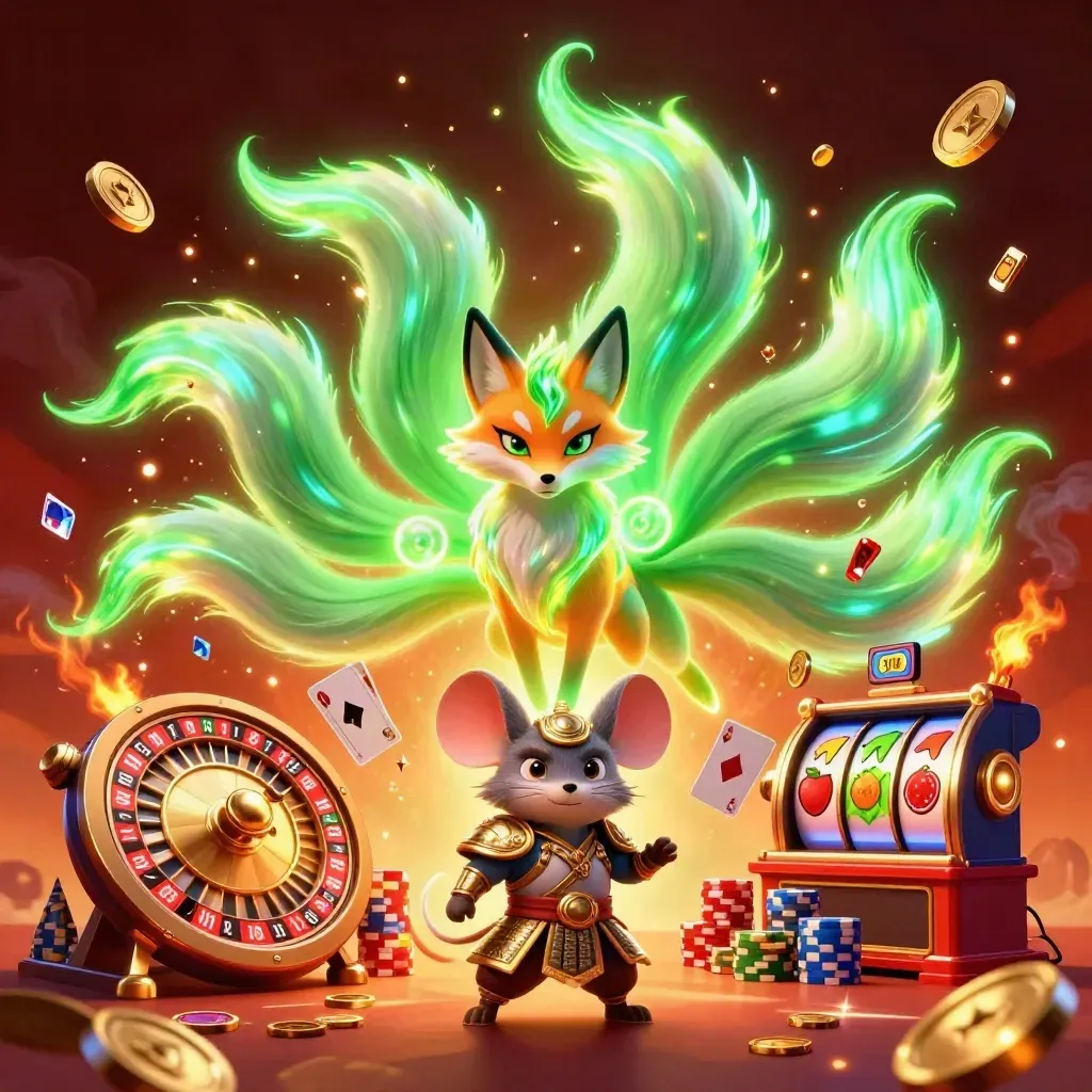 Neon fox spirit and armored mouse amid coins, gems, roulette wheel, cards, chips, and embers.