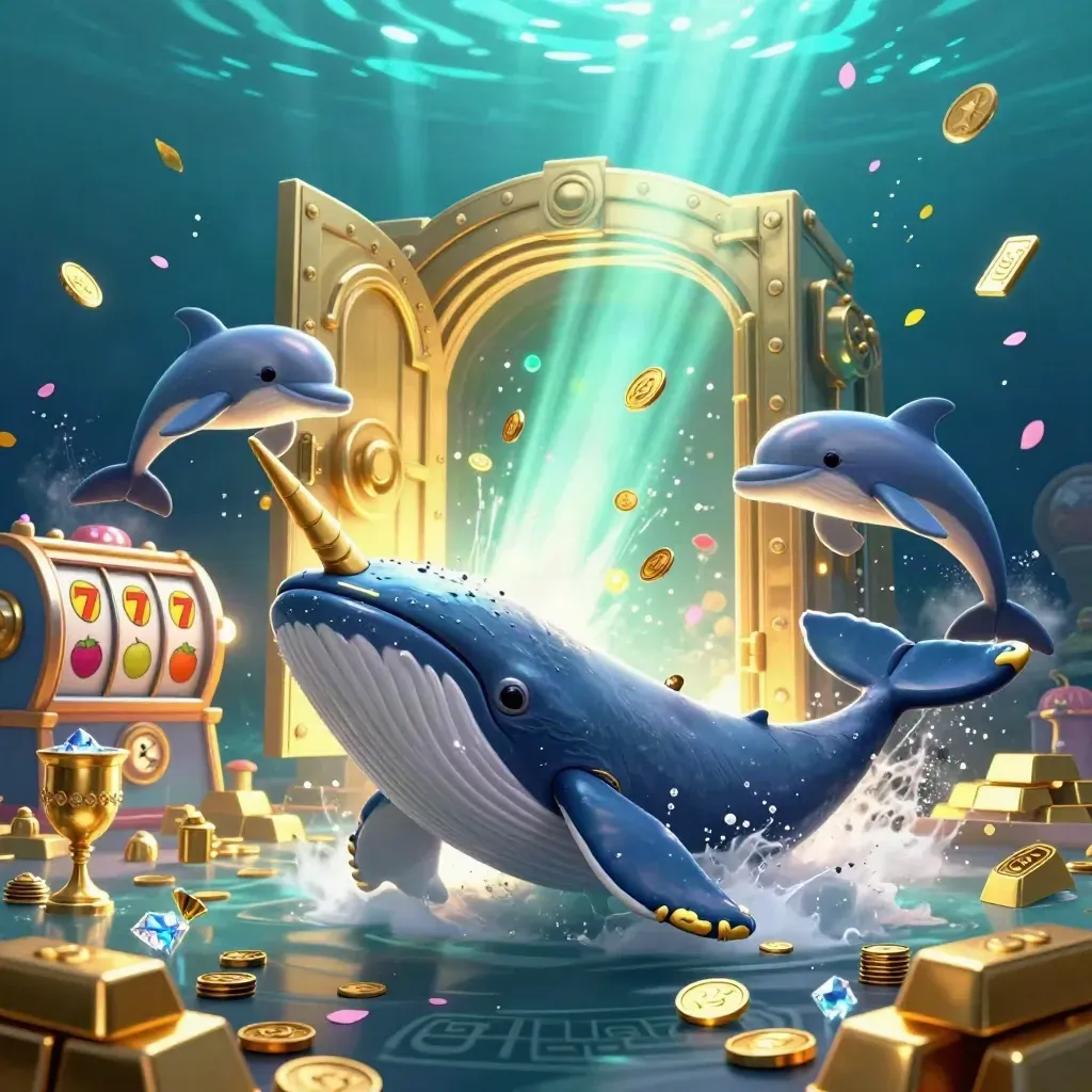 Whale captain, narwhal, and dolphins burst through coins, gems, and a glowing vault underwater.