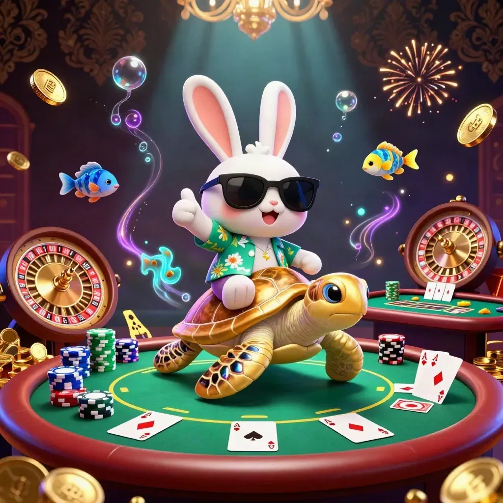 Lucky rabbit rides a gold turtle through casino treasure, chips, cards, and neon underwater glow.
