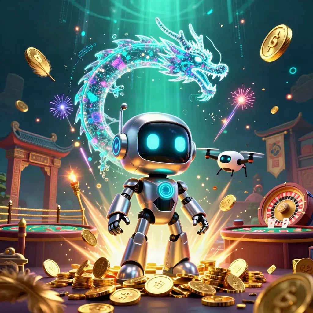 Cyberpunk robot, holographic dragon, and coin drone amid a neon treasure burst and casino props.