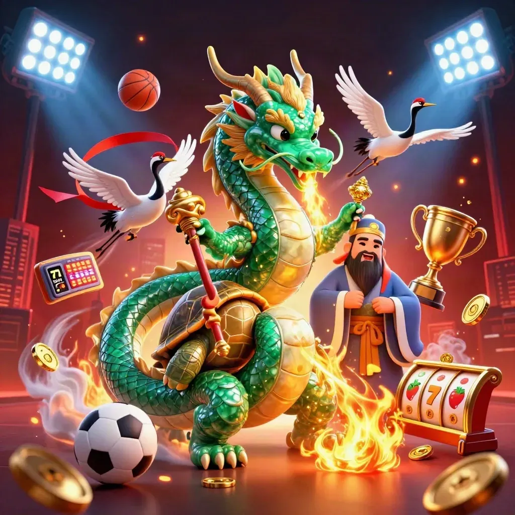Dragon, turtle sage, and cranes amid neon casino sports and slot effects.