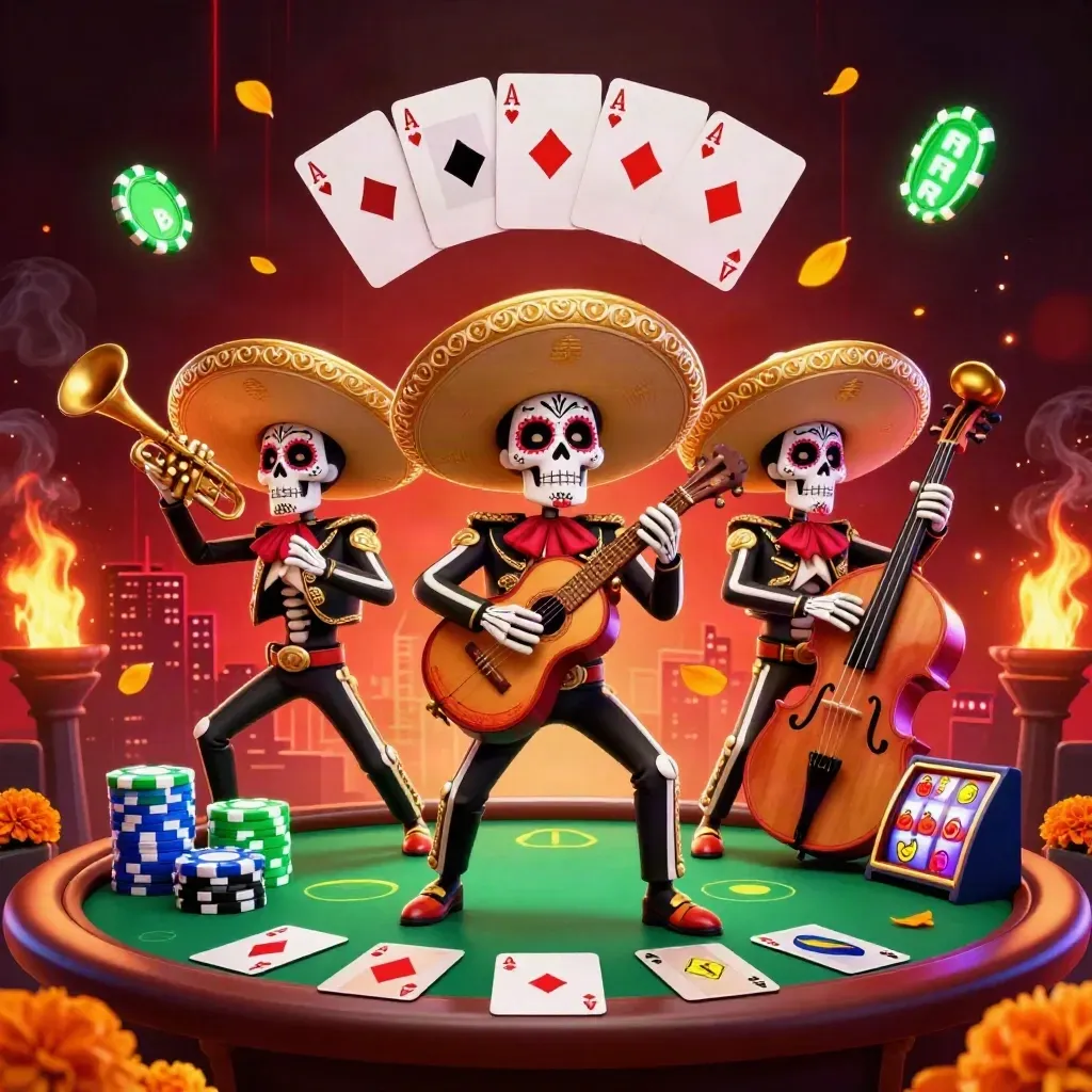 Three skeleton mariachi performers amid neon casino cards, chips, reels, embers, and a dark red glow.