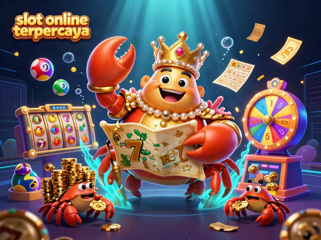Bermain slot online terpercaya dengan karakter kepiting emas raksasa dan simbol slot berwarna-warni.