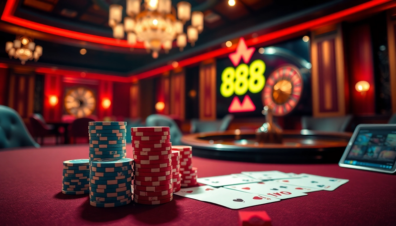 Experience the thrill of gaming at TR88 with vibrant casino scenes featuring poker chips and online interfaces.