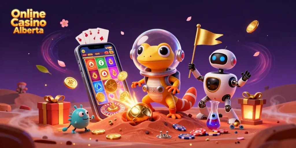 Play thrilling games at Online Casino Alberta with a Martian gecko discovering a golden casino