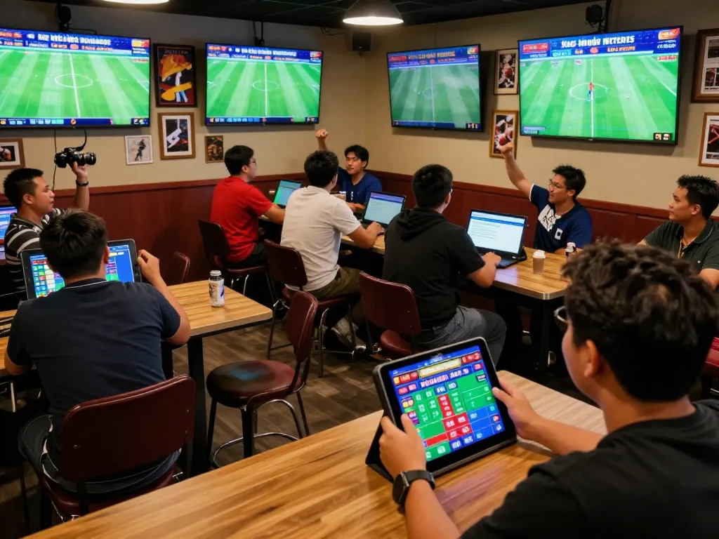 Engaged bettors analyzing kèo nhà cái hôm nay in a lively sports betting lounge, celebrating wins.
