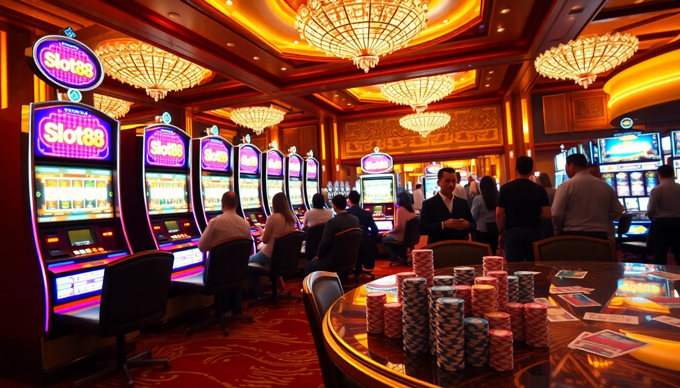 Exciting players engaging with slot machines showcasing the popular slot88 brand in a luxurious casino setting.