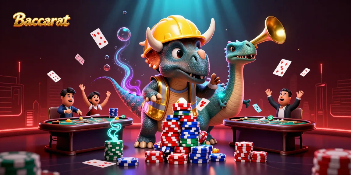 Baccarat excitement with playful dinosaurs building poker chip stacks amidst a lively casino scene