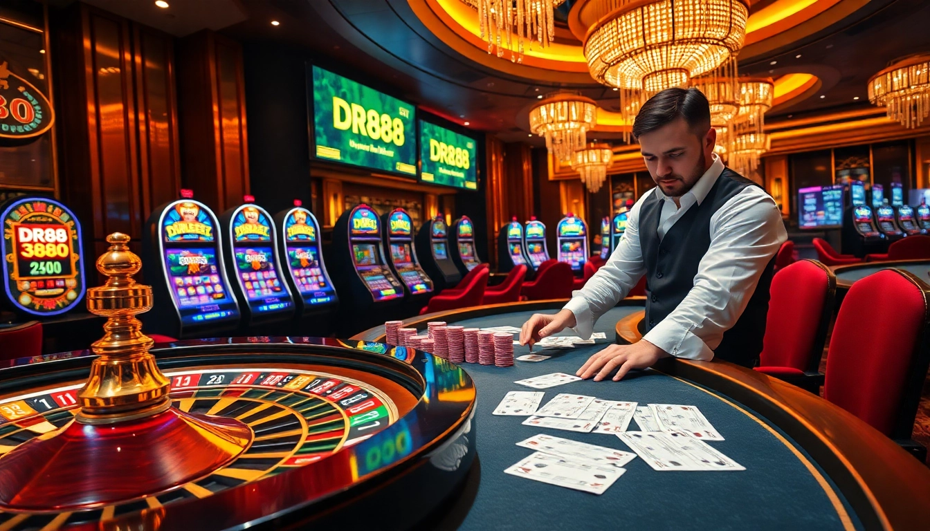 Professional dealer managing DR88 Bet roulette and poker chips with dynamic betting slip action