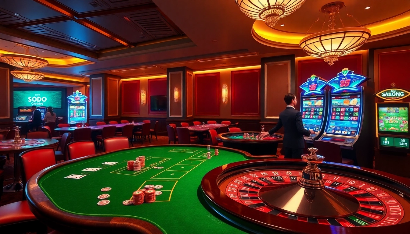 SODO66 gaming experience in a luxurious casino setting with vibrant tables and slots
