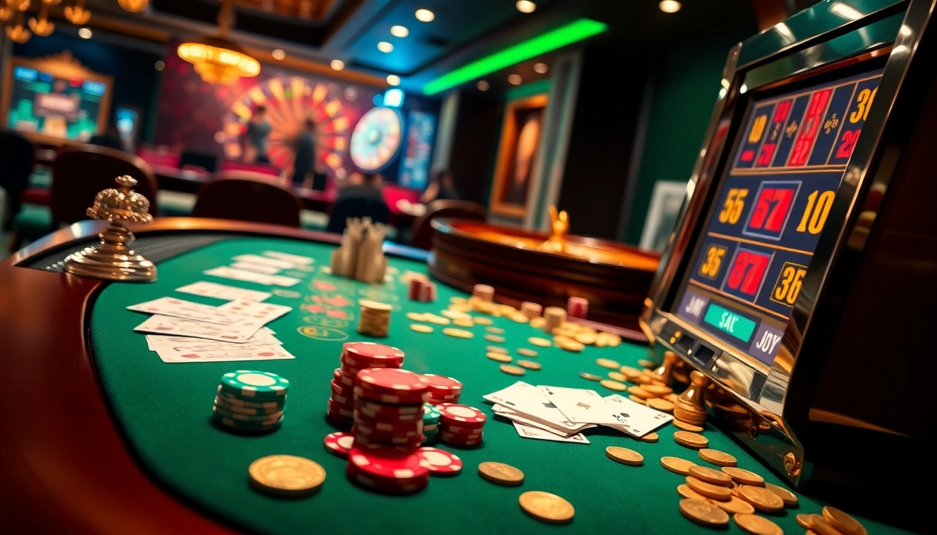Players engage with sunwin casino games at a luxurious table featuring vibrant poker chips.