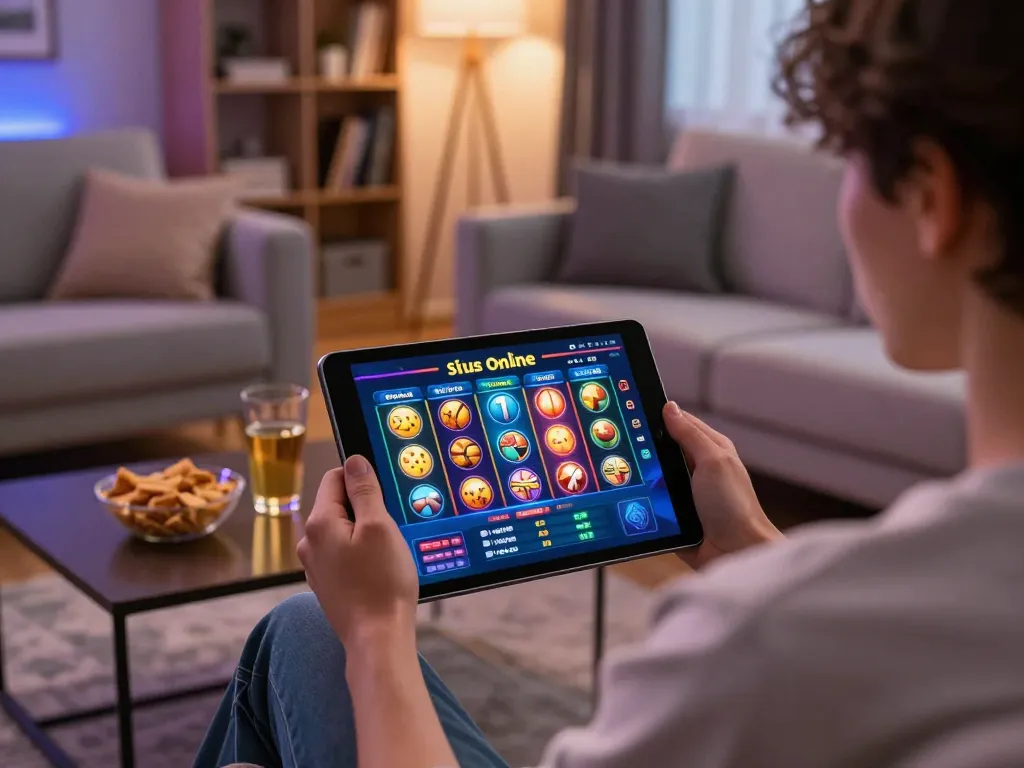 Pemain yang terlibat menikmati situs slot online di tablet di ruang tamu yang nyaman dengan camilan.