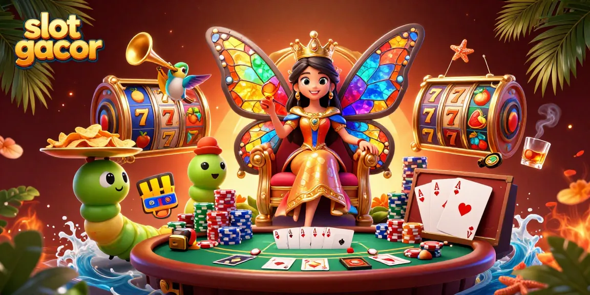Permainan slot gacor menarik dengan karakter ratu kupu-kupu dan elemen perjudian yang kaya.