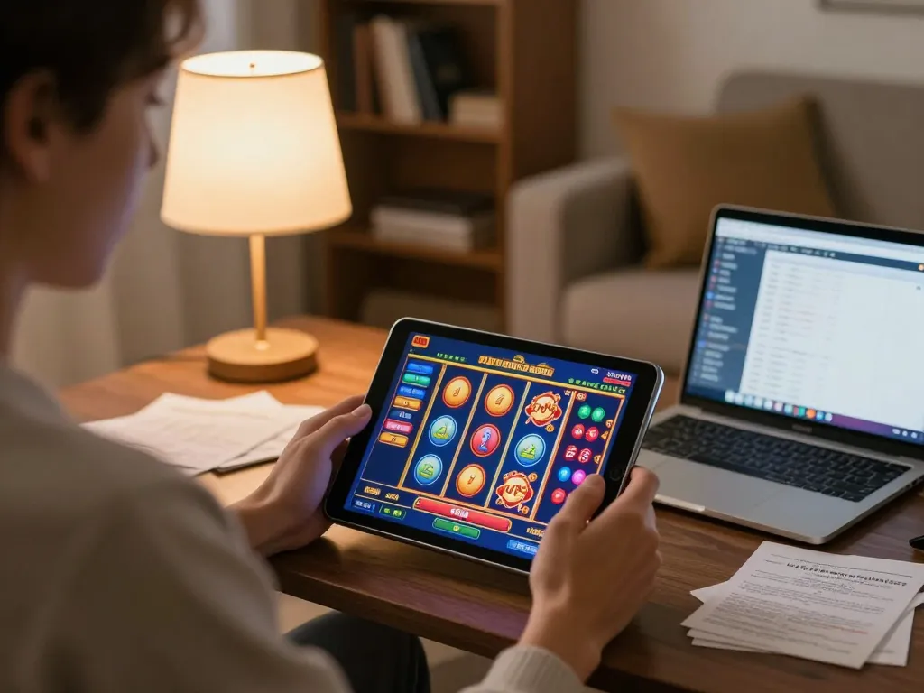 Engaging gameplay at online usa casinos on a tablet, featuring vibrant slot visuals in a cozy home