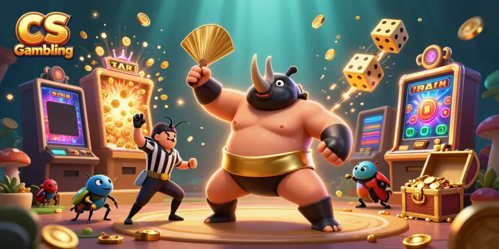 CS Gambling scene showing beetle champion stomping coins with an explosive slot machine background