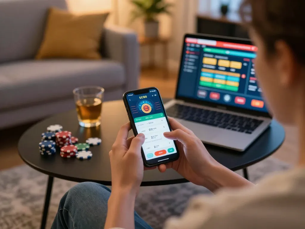 Player engaging with SC88 app on a smartphone, showcasing online gambling experience in a cozy living room