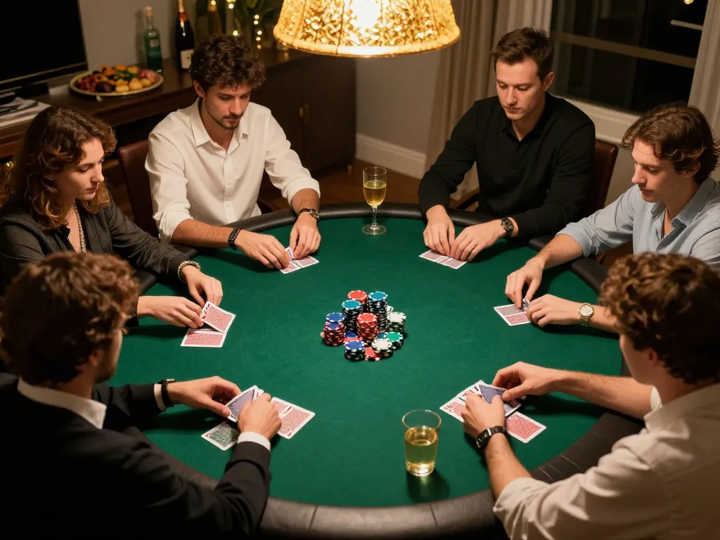 Players engage in an exciting poker game at home, utilizing nowgoal for strategy insights.