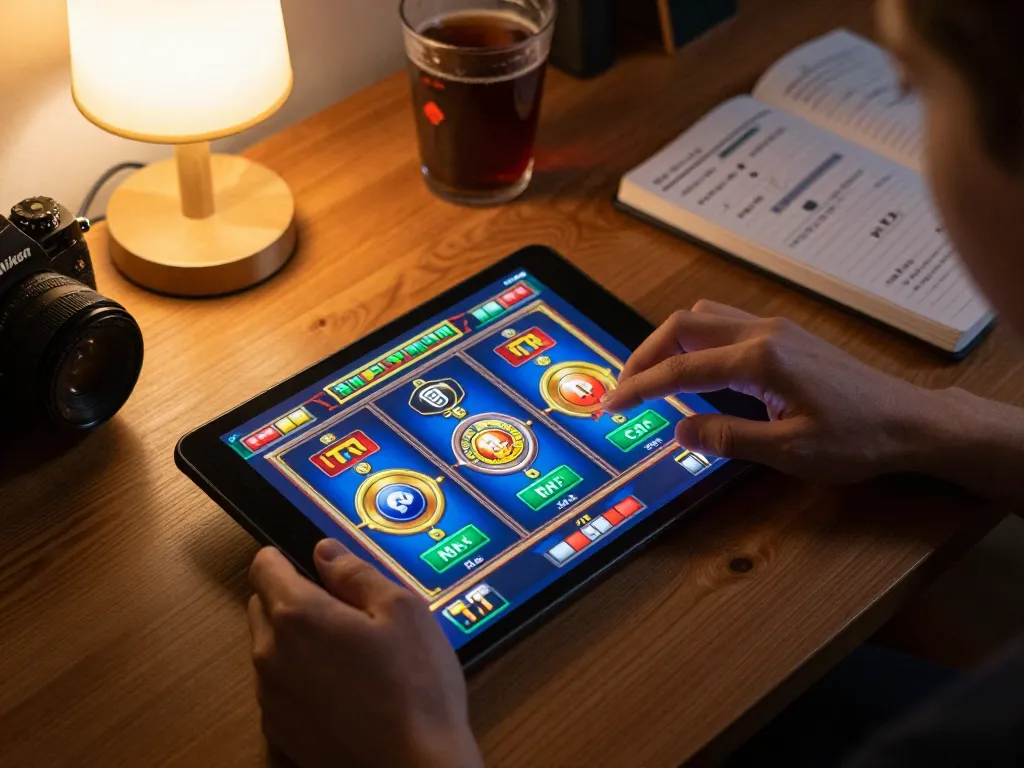 MPO777 slot game action on a tablet, showing engaging graphics and strategic gameplay.