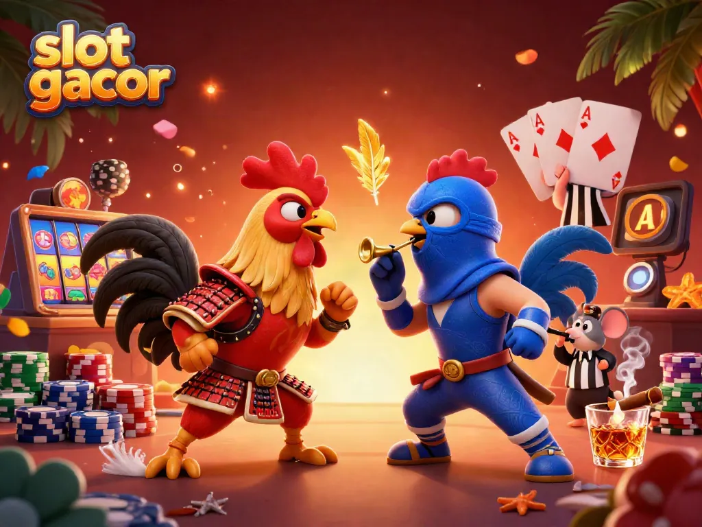Slot gacor yang dramatis menggambarkan dua ayam jantan bertarung di kasino dengan elemen permainan.