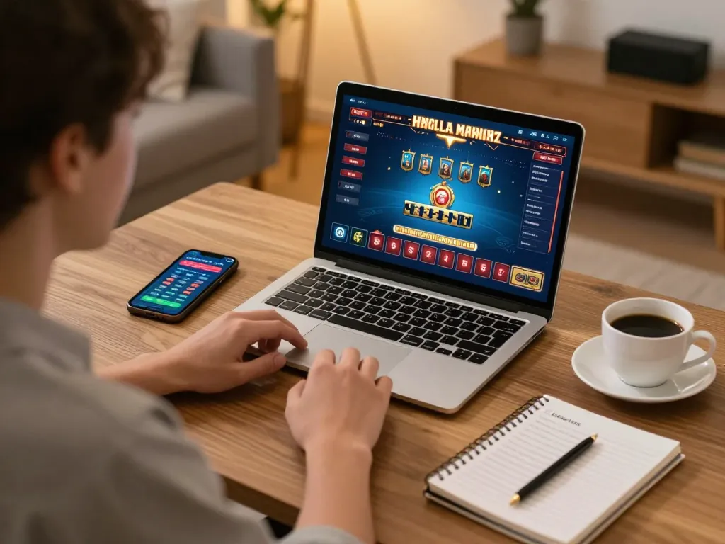 Engaged player at home using a laptop for online gambling on bagus-surfcamp, showing focused gameplay and strategy notes.
