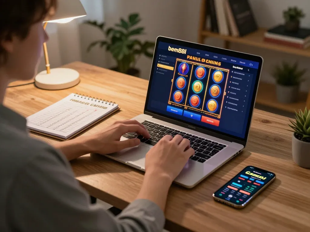 Person enjoying online casino gaming at bem88l, with colorful slots and betting strategies nearby.