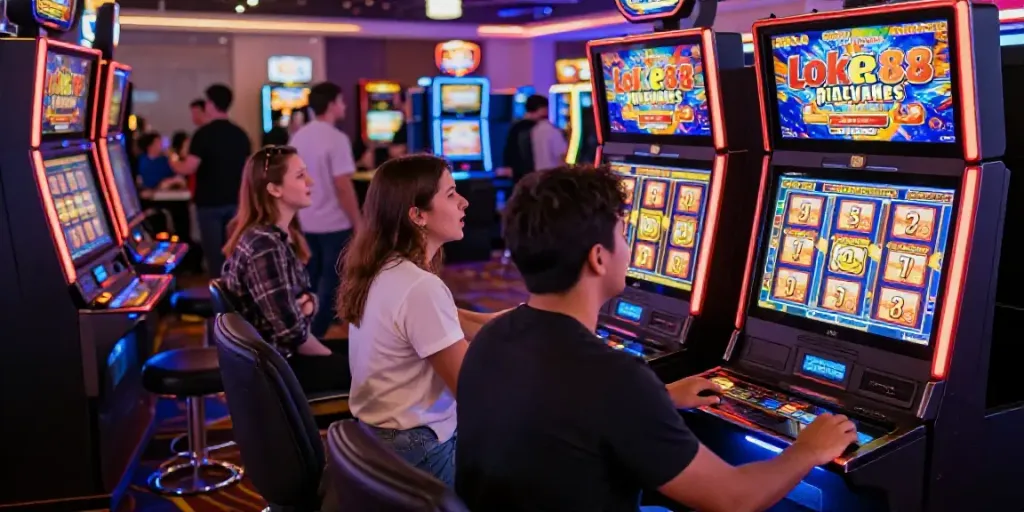 Players enjoying the loket88 slot in a lively casino full of excitement and colorful lights.