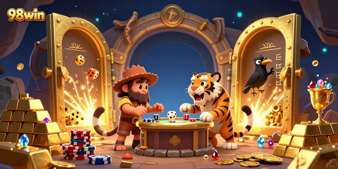 Experience the thrill of winning at 98win's vibrant prehistoric casino with cartoon characters and treasures.
