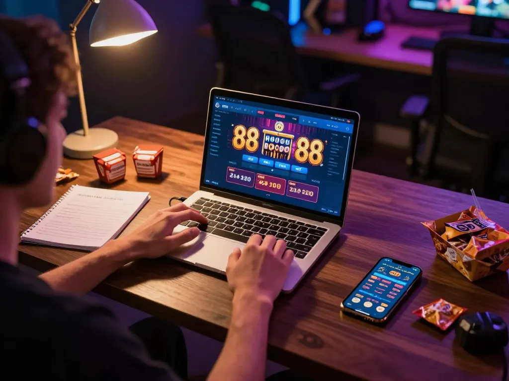 Player engaged with open 88 casino app on laptop at home, demonstrating responsible gaming
