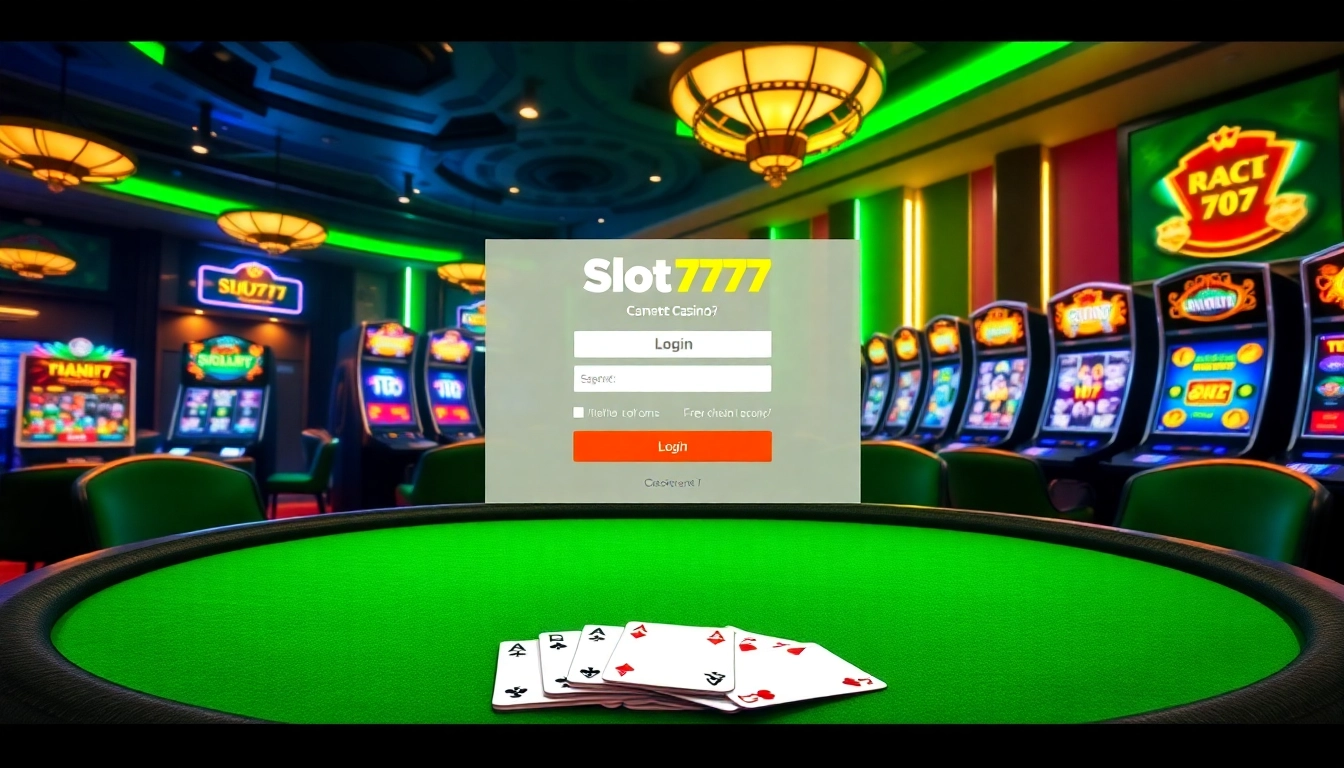 Login to Slot777 for an exciting online gaming experience with vibrant casino elements.