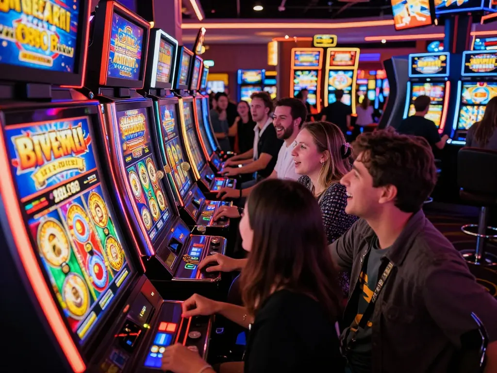Players celebrating wins at slot machines in a vibrant casino environment featuring m109 themed games.
