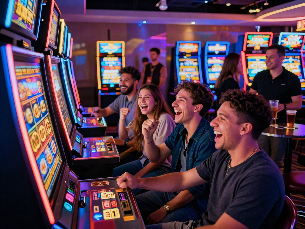 Joyful group celebrating a slot machine win in a vibrant casino setting.