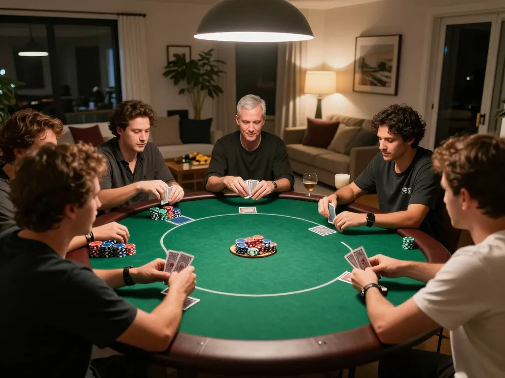 Kuwin 789 players enjoying a lively poker night with friends, showing warm, inviting atmosphere and strategic gameplay.