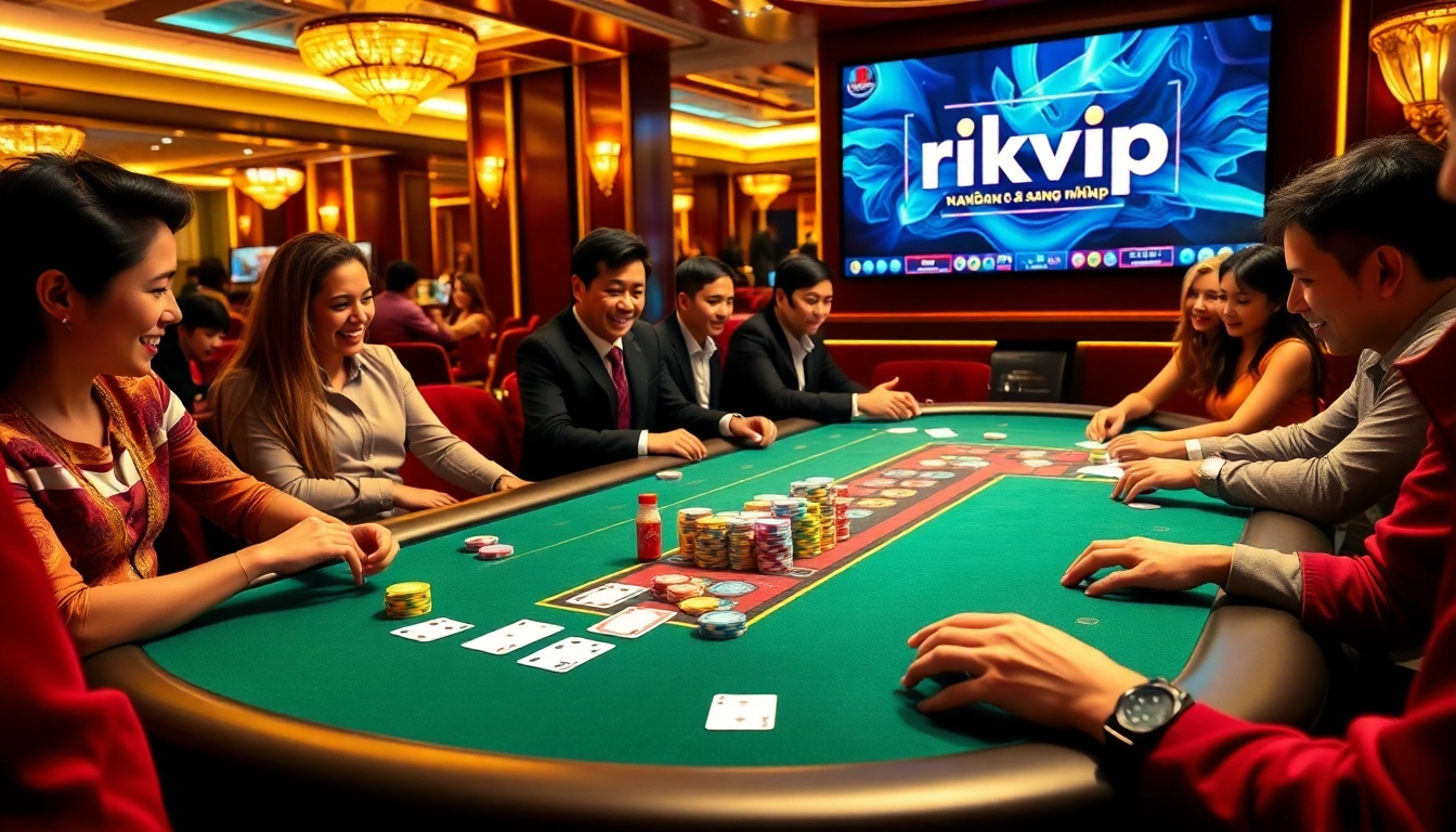 Engage in exciting gaming moments with rikvip đăng nhập at a luxurious poker table, filled with chips and cards.