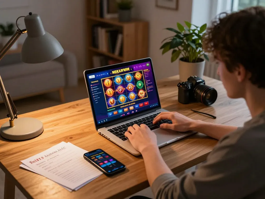 situs gacor nekatwin showcased on a laptop during an intense online gambling session at home