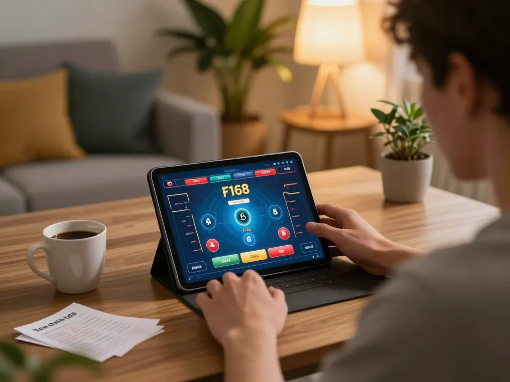 Engaging in live dealer games on F168 tablet in cozy home setup, showcasing strategic online gambling.
