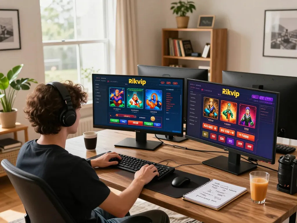 Engaging player utilizing rikvip platform on multiple screens in a cozy home setting.