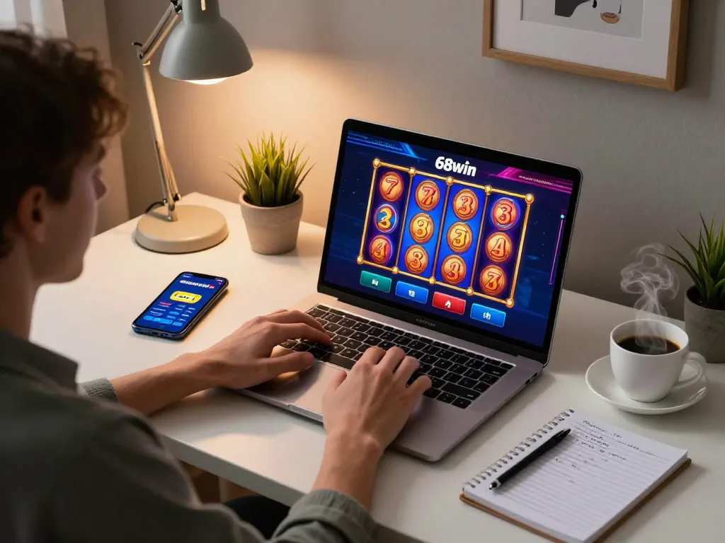 Experience thrilling gameplay on 68win while enjoying a cozy home setup with laptop and smartphone.