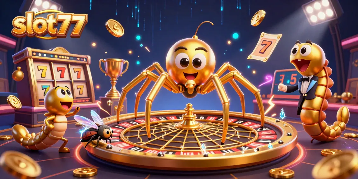 Experience thrilling wins at slot77 with a golden spider and dynamic slot reels in a vibrant casino scene.