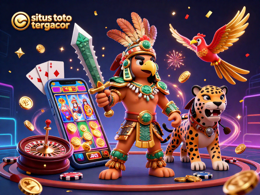 Exciting gambling scene featuring situs toto slot tergacor with a 3D Aztec warrior and vibrant slot game elements.
