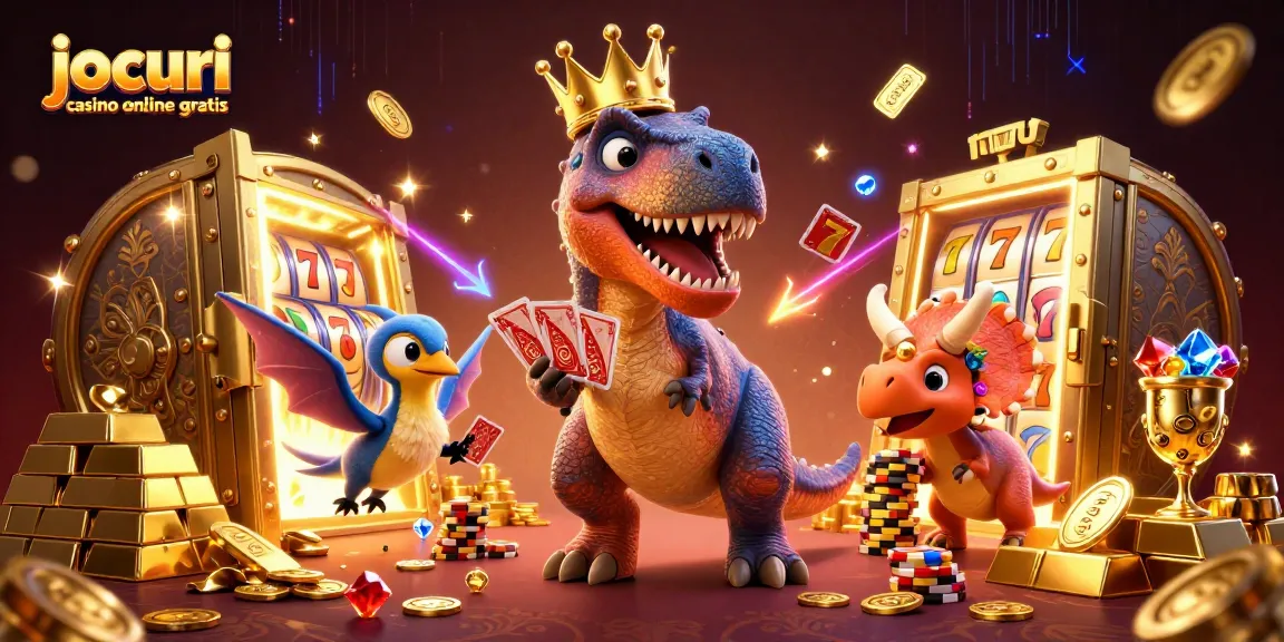 Joacă jocuri casino online gratis cu personaje amuzante în mijlocul unei atmosfere pline de aur și recompense.
