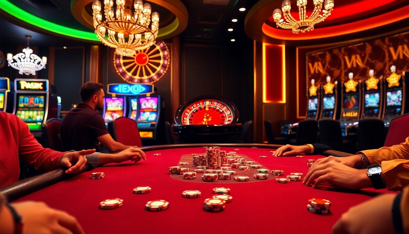 Players engage at a poker table in the S8 casino, with colorful chips and a roulette wheel enhancing the excitement.