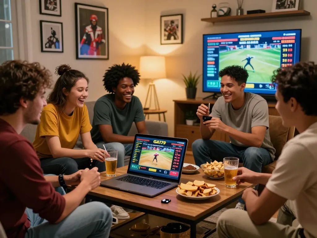 Exciting live online betting with friends at home using GA179's platform, showcasing camaraderie and thrill.