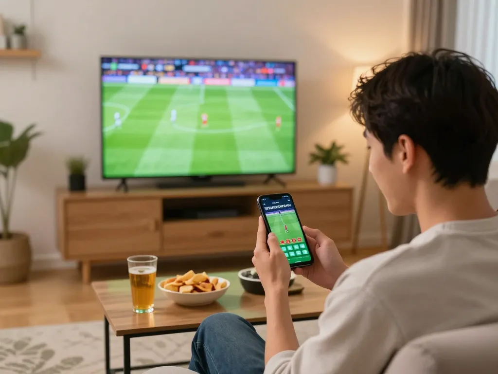 Bet on trực tiếp bóng đá hôm nay with smartphone in a lively living room, enjoying the match.
